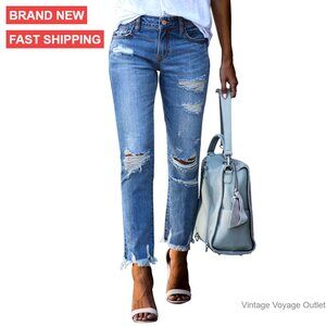 Straight Leg Boyfriend Jeans Ripped Distressed Denim Pants